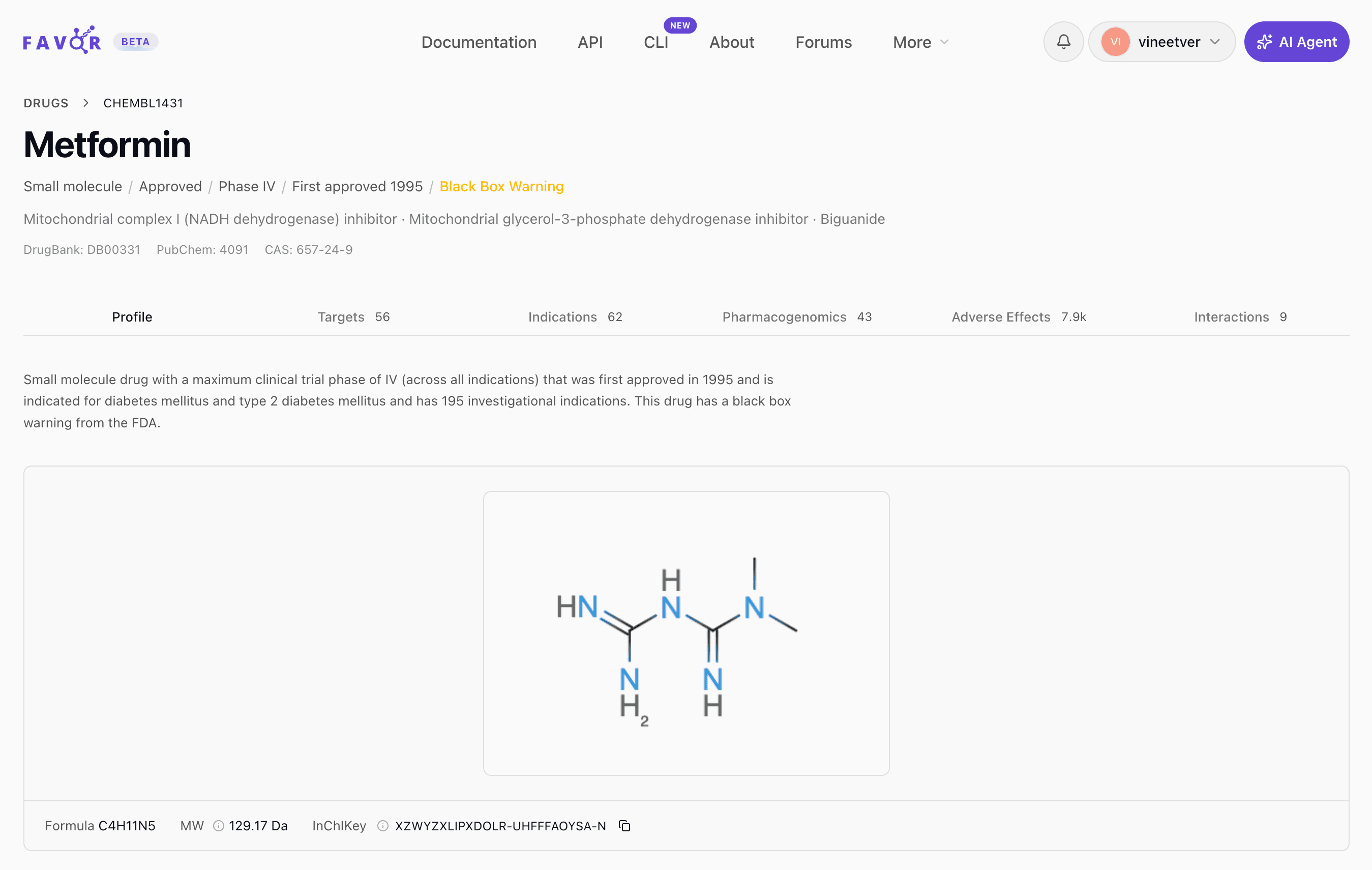 Metformin drug page — clinical phase, approval year, black box warning, mechanism, and inline 2D structure.