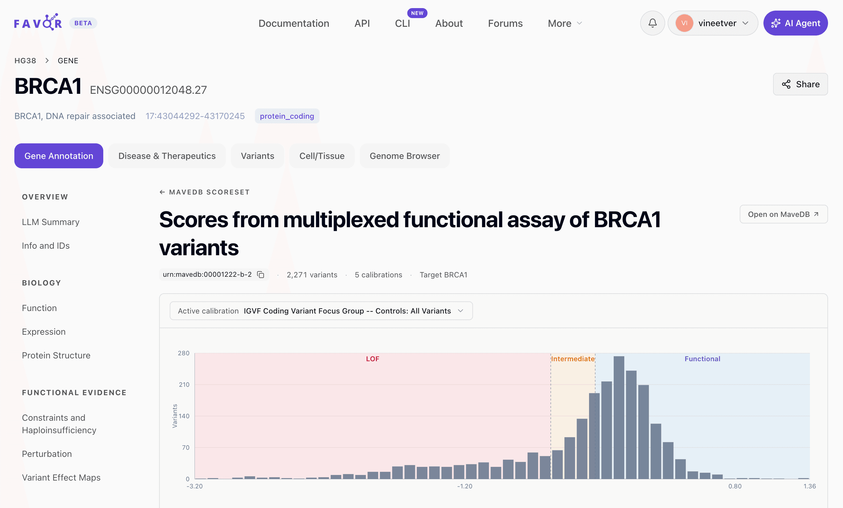 BRCA1 MaveDB scoreset urn:mavedb:00001222-b-2 — 2,271 variants across 5 calibrations, score distribution histogram with LOF, intermediate, and functional regions overlaid from the active calibration.