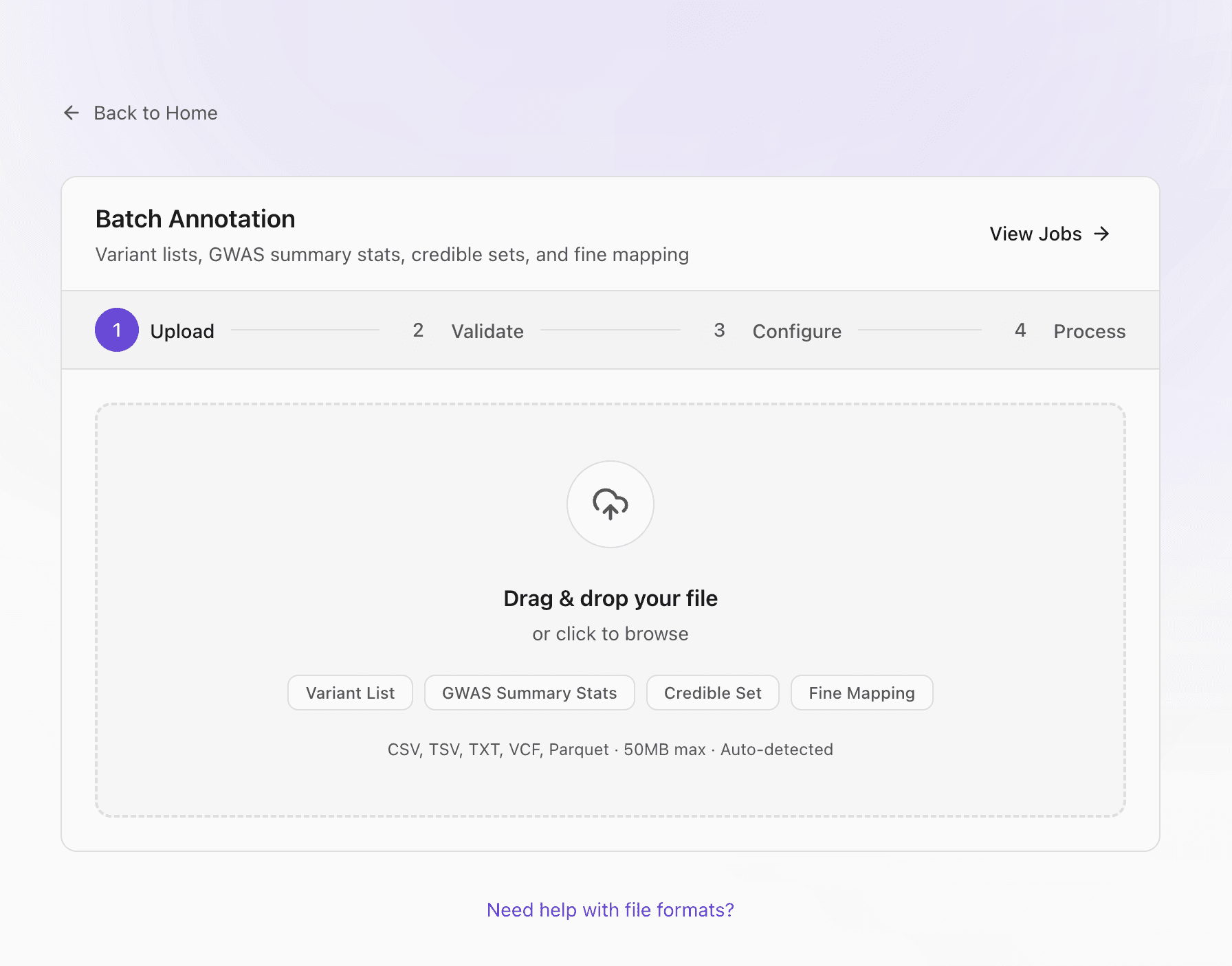 Batch annotation upload dropzone accepting CSV, TSV, VCF, and Parquet files