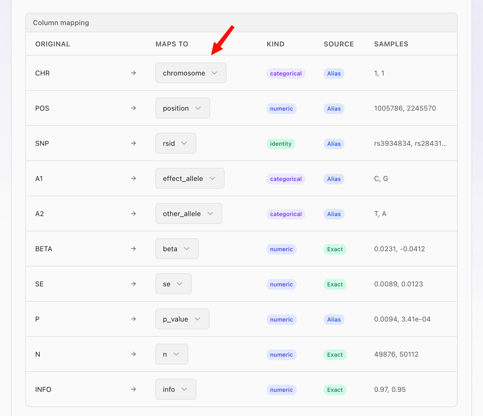 Column mapping table showing original columns (CHR, POS, SNP, A1, A2, BETA, SE, P, N, INFO) mapped to canonical names (chromosome, position, rsid, effect_allele, other_allele, beta, se, p_value, n, info) with kind and source badges