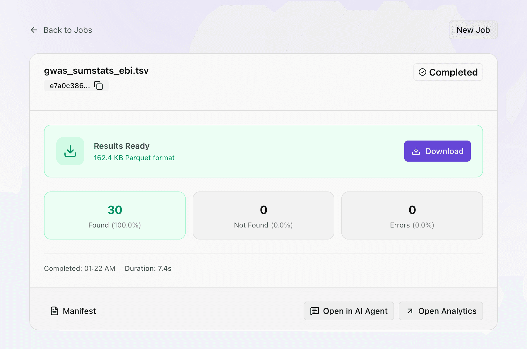 Completed job for gwas_sumstats_ebi.tsv showing 30 found (100%), 0 not found, 0 errors, duration 7.4s, with Download, Open in AI Agent, and Open Analytics buttons