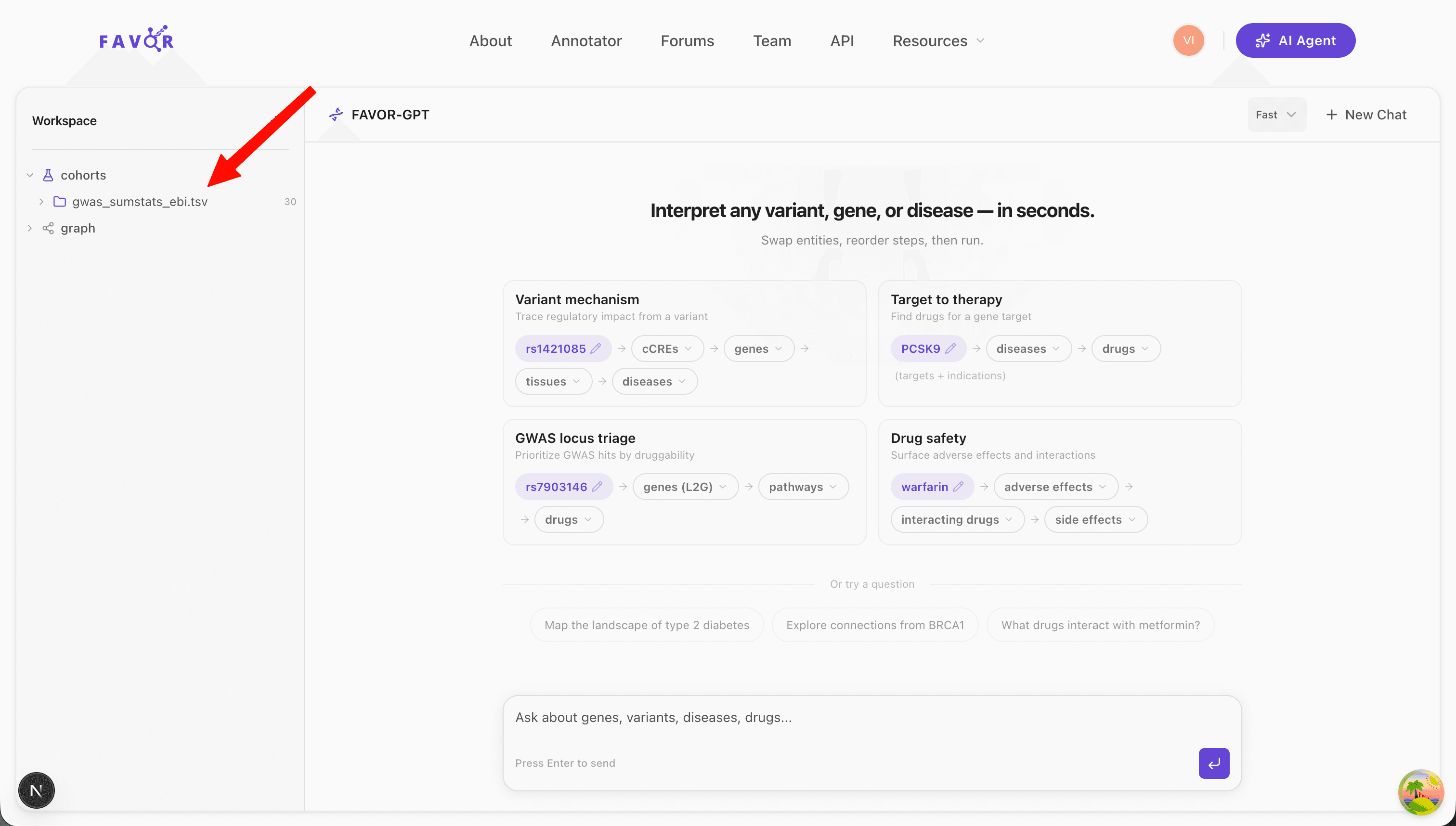 AI agent conversation analyzing the annotated variant list with natural language queries and generated visualizations