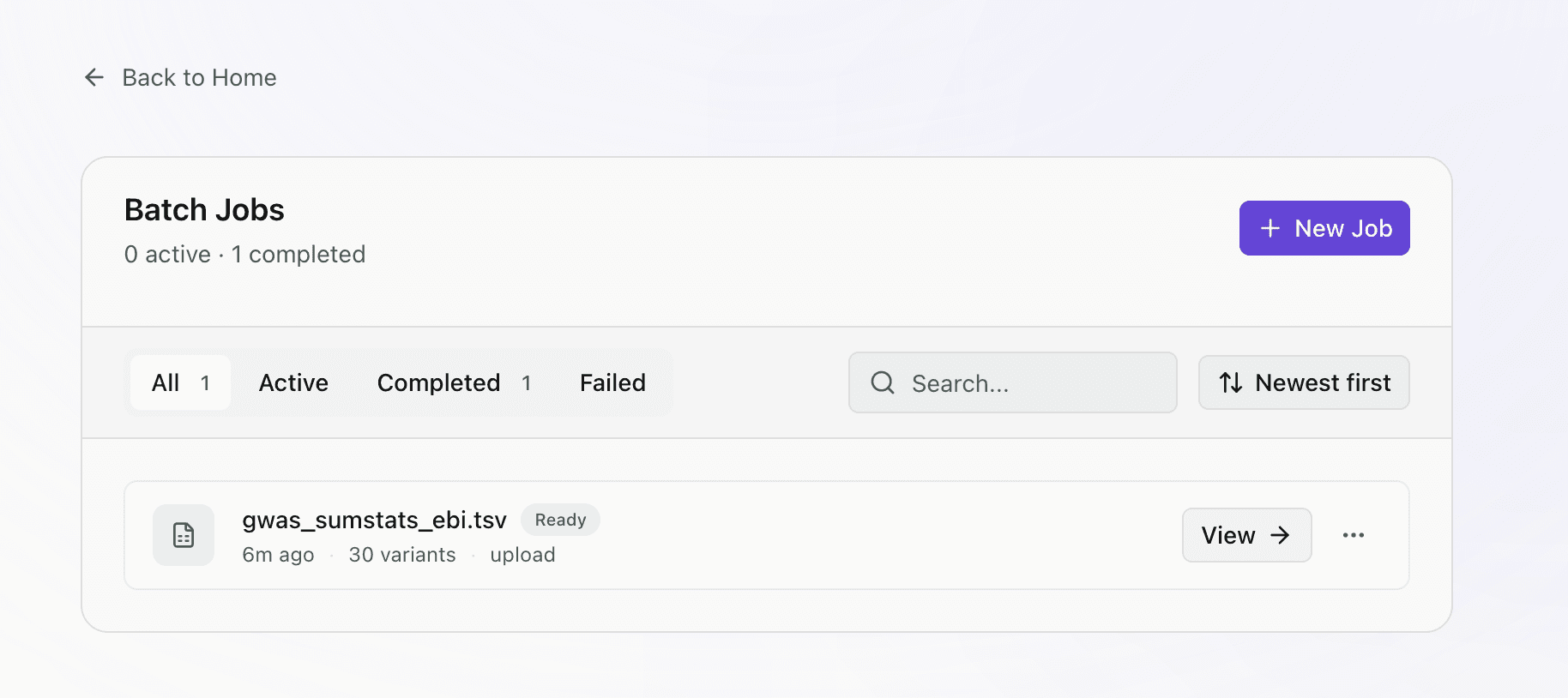 Jobs dashboard listing all batch annotation jobs with status filters, search, and quick-access buttons