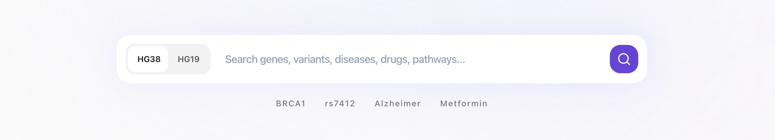 FAVOR search bar with HG38/HG19 toggle, placeholder text, and example queries: BRCA1, rs7412, Alzheimer, Metformin