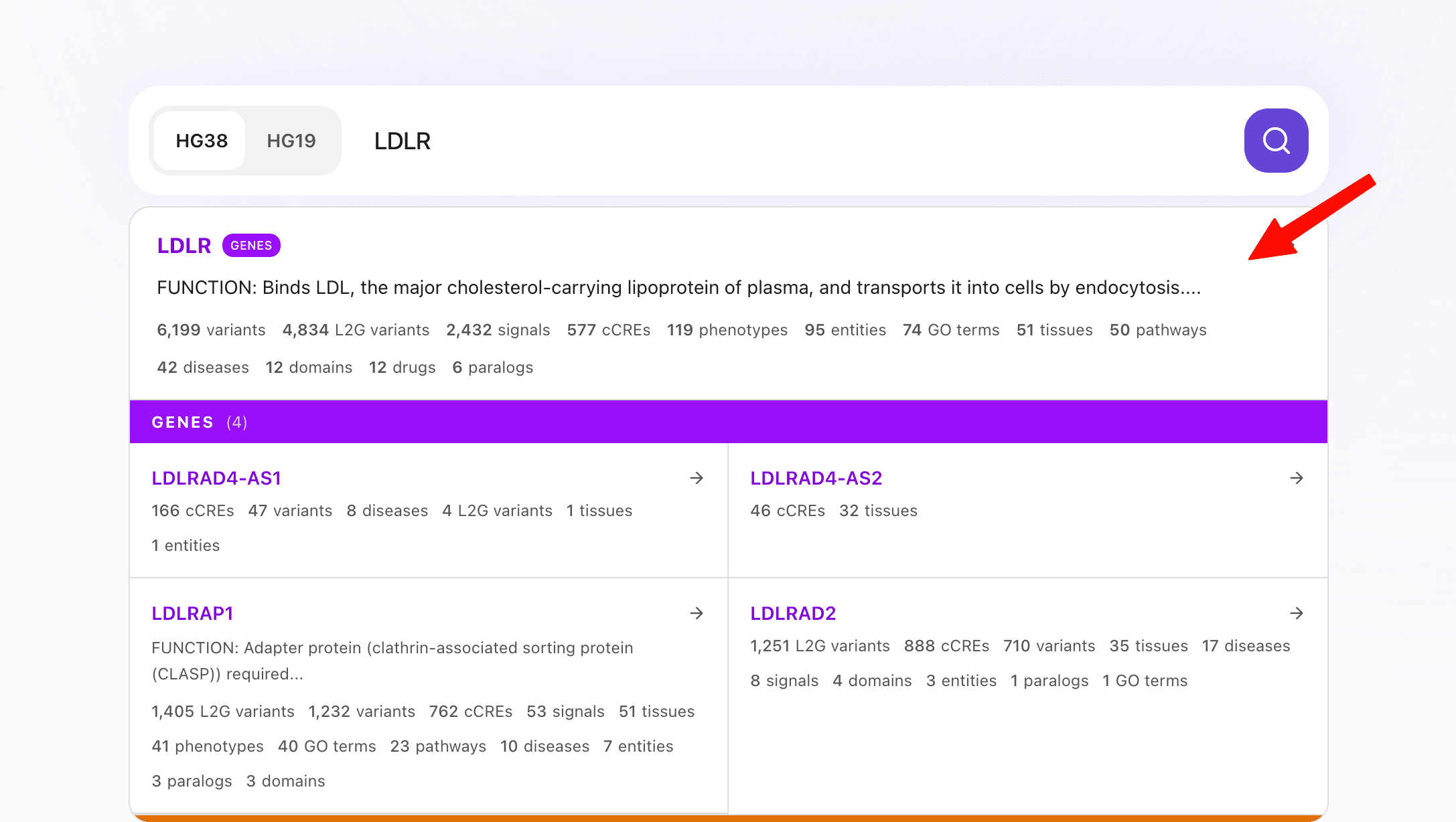 LDLR typeahead: best match with function description, variant/disease/drug counts, and related genes grouped below
