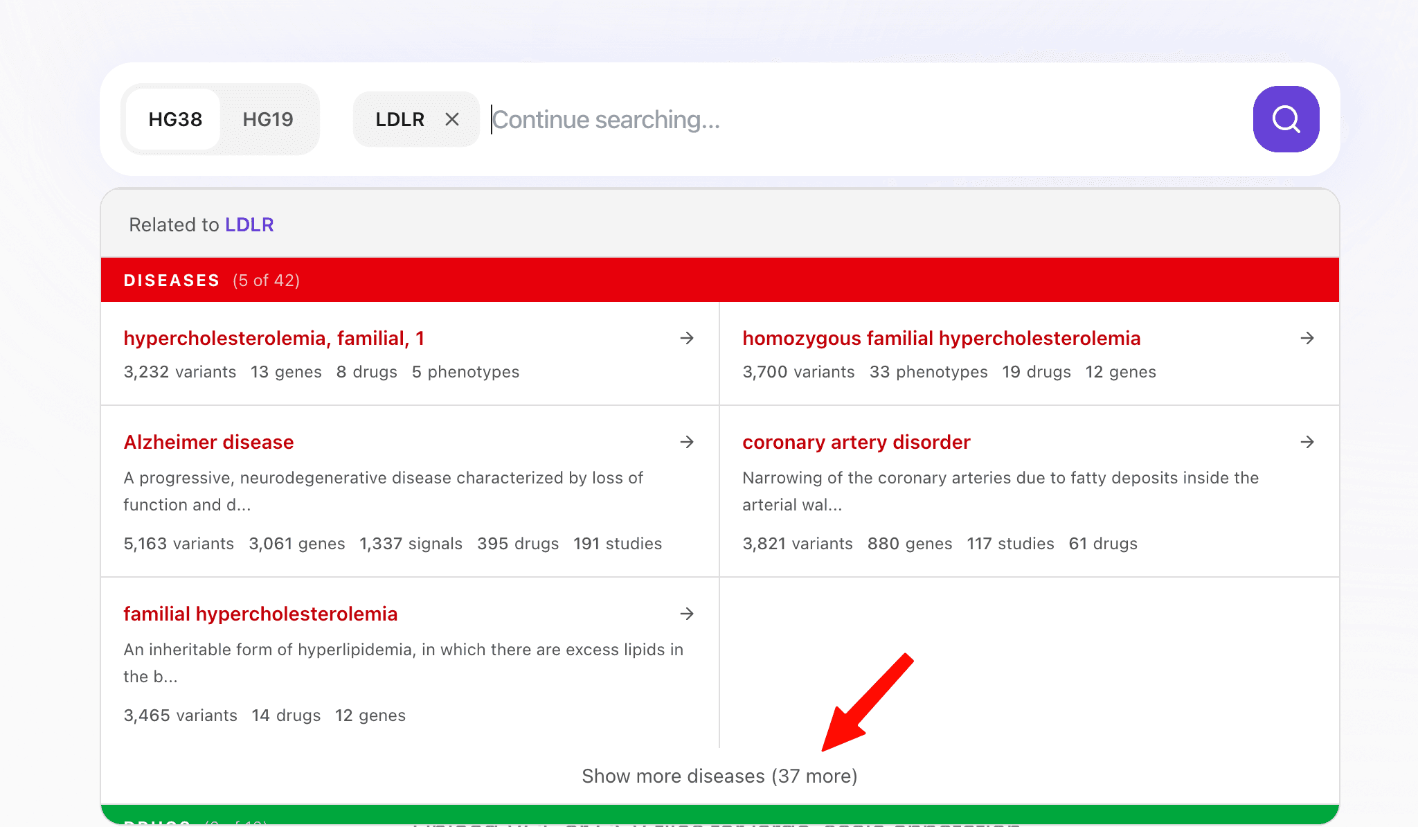 Show more diseases button (37 more) for expanding the related entities list